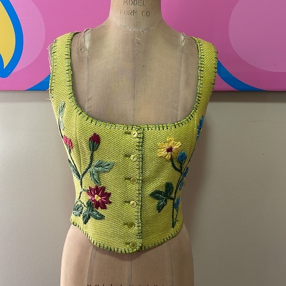 Moschino Green Jute Embroidered Flower Vest Bustier - Picture 2 of 13